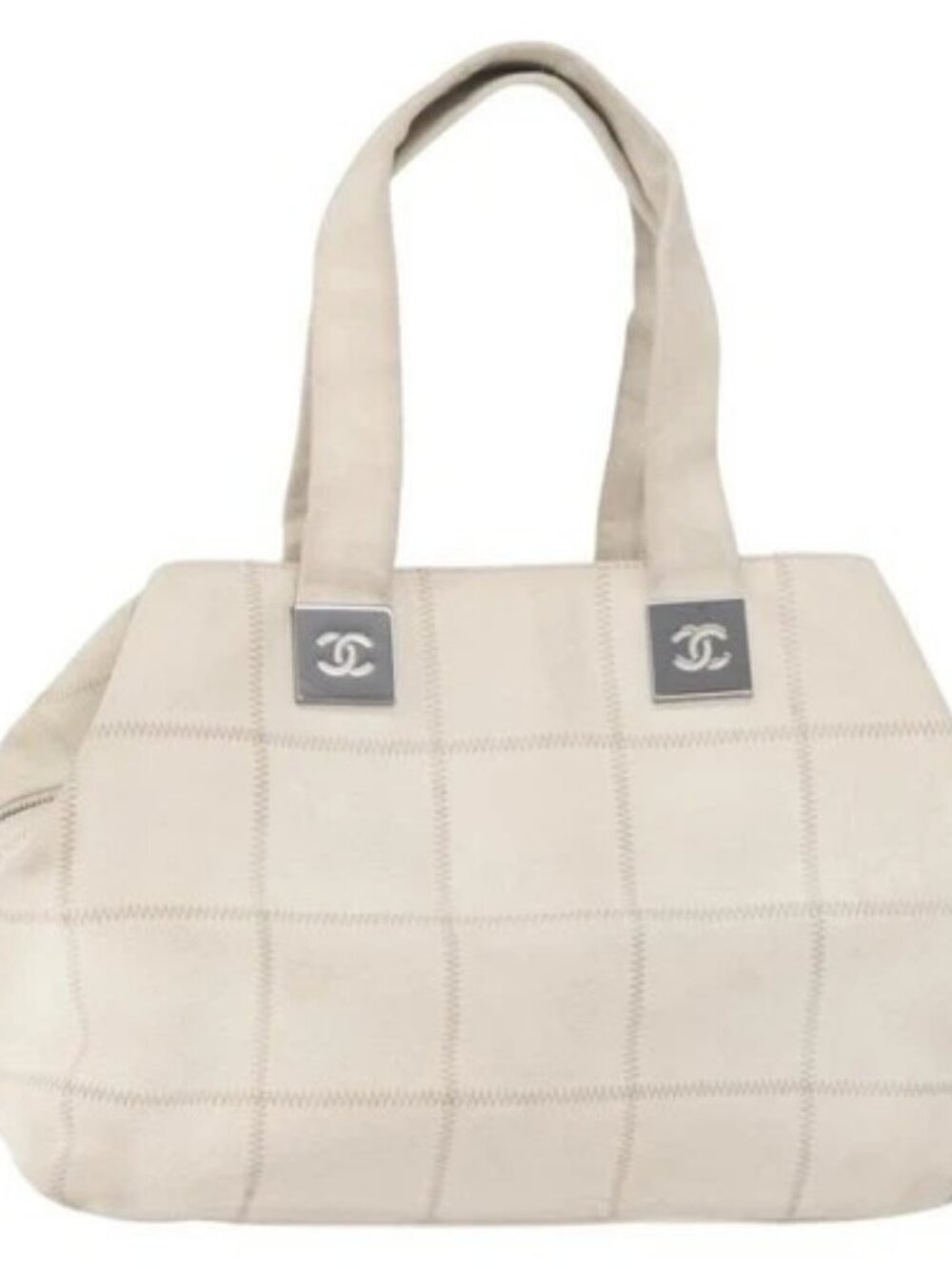 CHANEL Choco Bar Hand Bag Leather White Silver CC Auth 178206